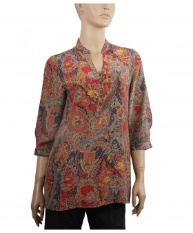 Short Silk Shirt - Red Floral Print