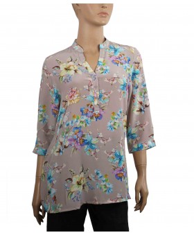 Short Silk Shirt - Blue Floral On The Beige