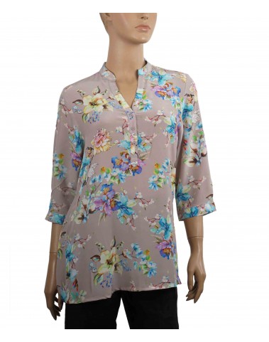 Short Silk Shirt - Blue Floral On The Beige