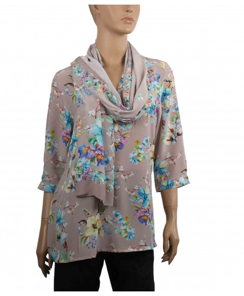 Short Silk Shirt - Blue Floral On The Beige