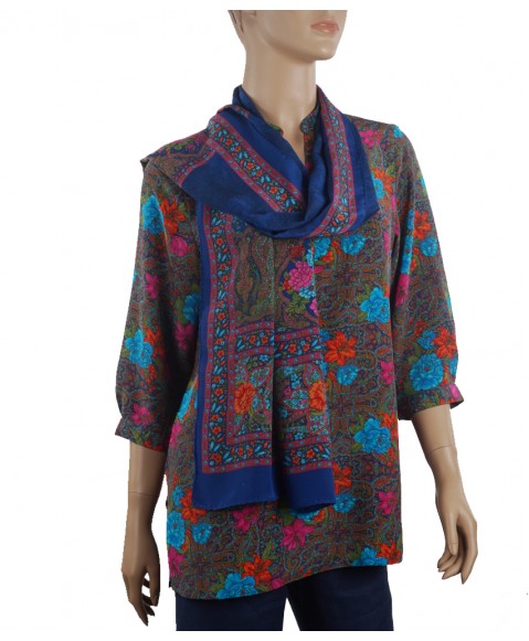  Short Silk Shirt - Orange & Blue Christmas Blossom