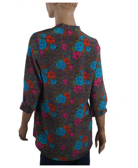  Short Silk Shirt - Orange & Blue Christmas Blossom