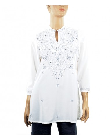 Embroidered Casual Kurti - Blue and White Paisley