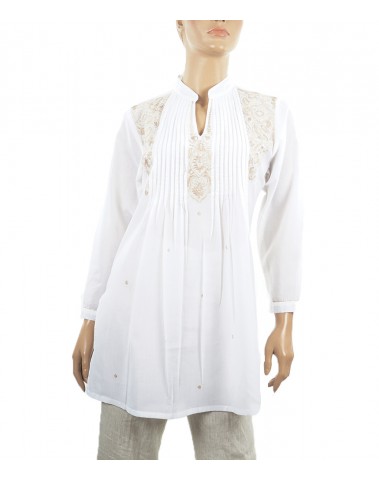 Embroidered Casual Kurti - White Pleated