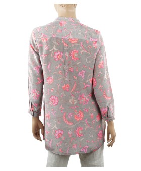  Long Silk Shirt - Pink Flowers on Grey