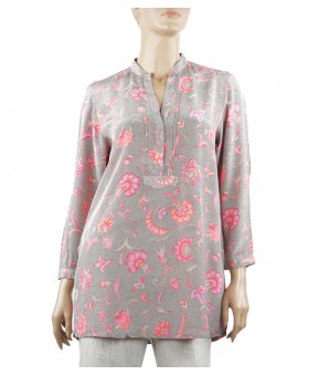  Long Silk Shirt - Pink Flowers on Grey