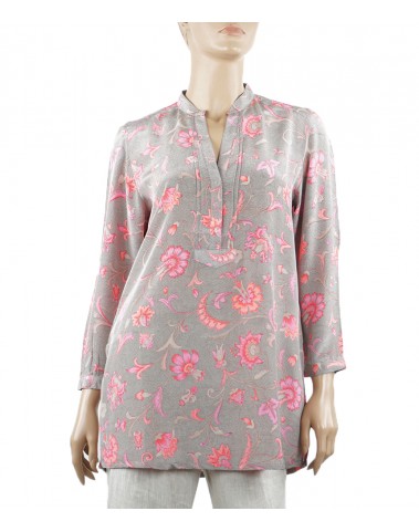  Long Silk Shirt - Pink Flowers on Grey