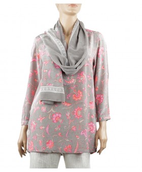  Long Silk Shirt - Pink Flowers on Grey