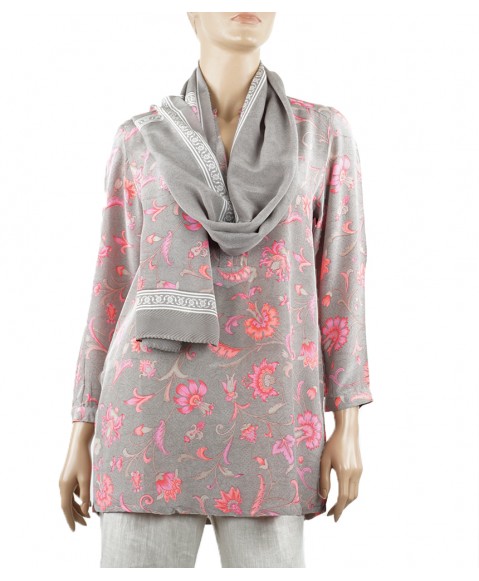  Long Silk Shirt - Pink Flowers on Grey