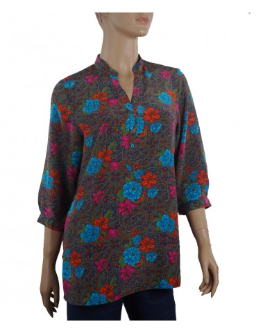  Short Silk Shirt - Orange & Blue Christmas Blossom