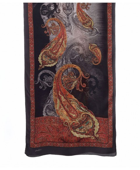 Crepe Silk Scarf -Black & Rust Big Paisley