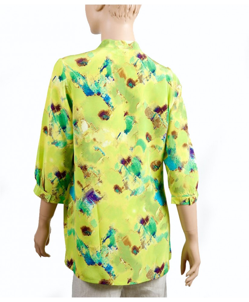 Lime Green Floral Short Silk Shirt